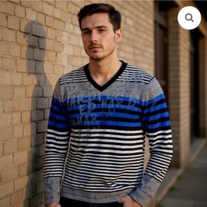 NEW!!! Men's Striped V-Neck Sweater - Black, Blue, Gray, Sz XL